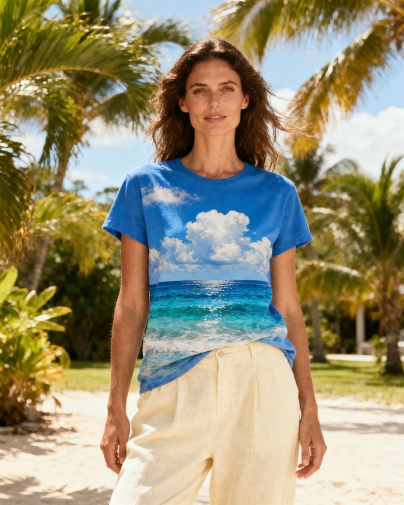 Camiseta azul da coleção da FEMI, com a alma do Brasil, moda feminina brasileira