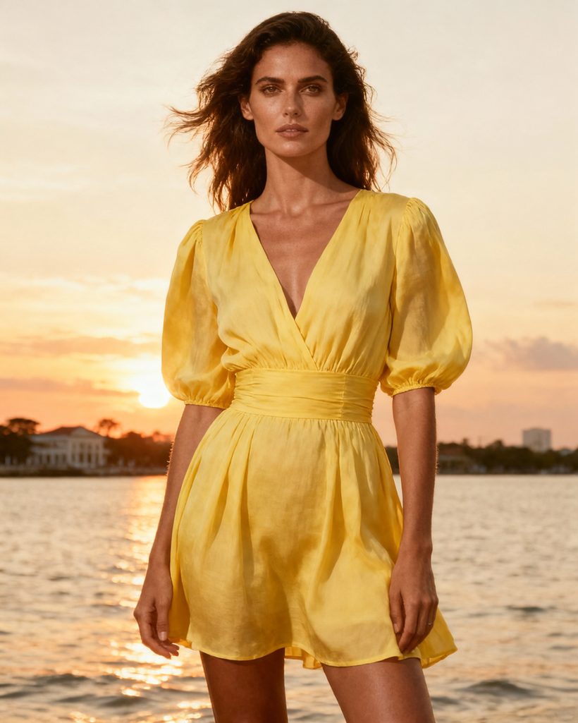 Vestido curto amarelo com cintura marcada, coleção verão da FEMI, ideal para o pôr do sol