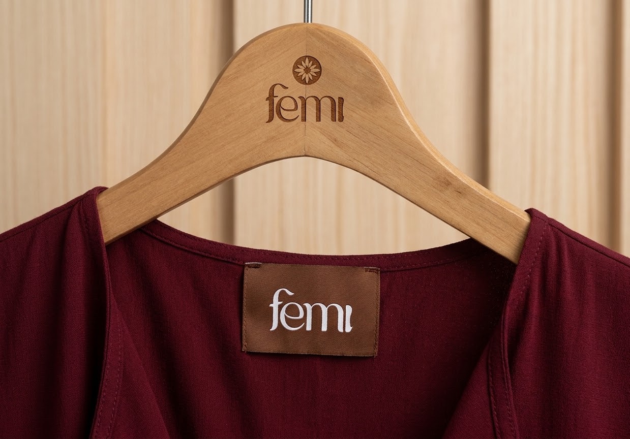 Aplicação da marca FEMI em cabide e peça de roupa