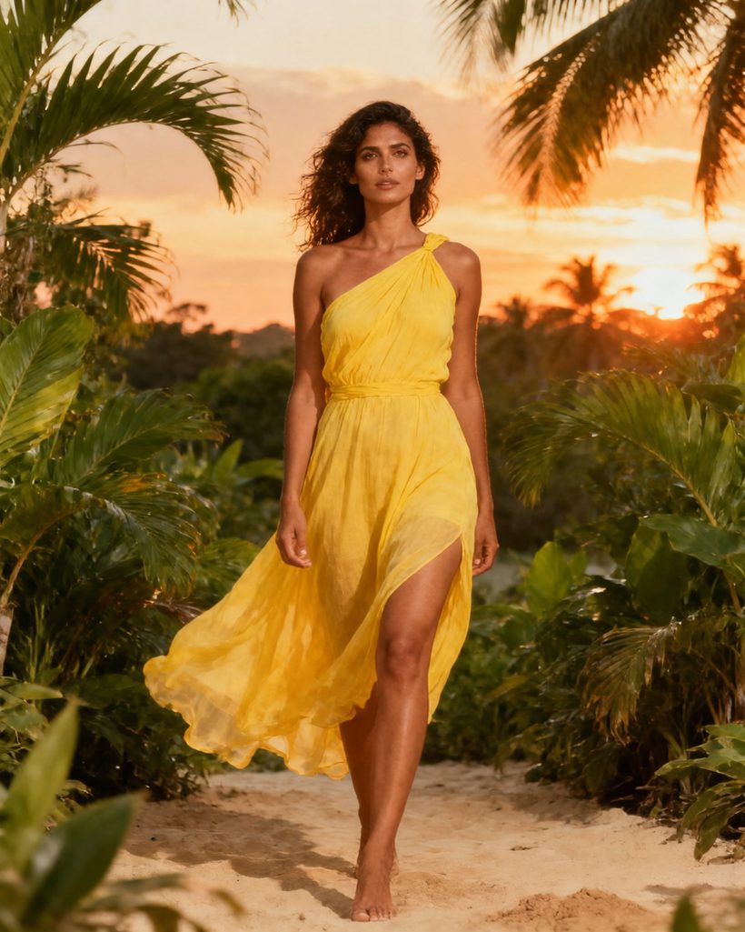 Vestido amarelo de ombro único, tecido leve, coleção verão 2026 da FEMI